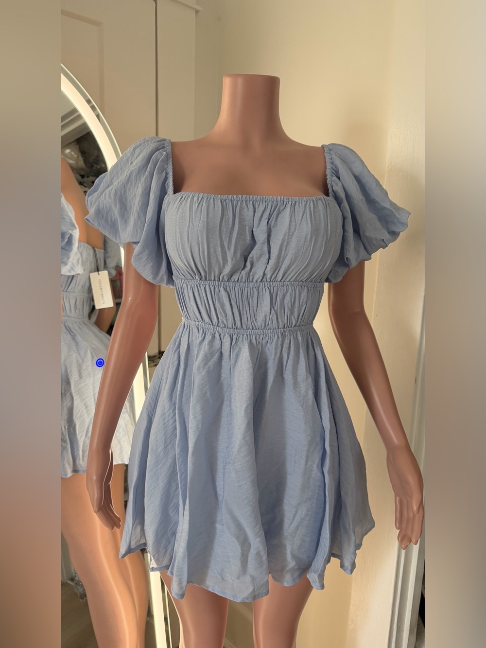 Light Blue Puff Sleeve Smocked Waist Mini Dress